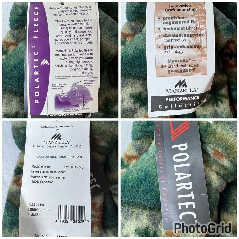 Manzella Polartec Fleece Mittens Gloves Large Mirror Lake Green Water Repellent